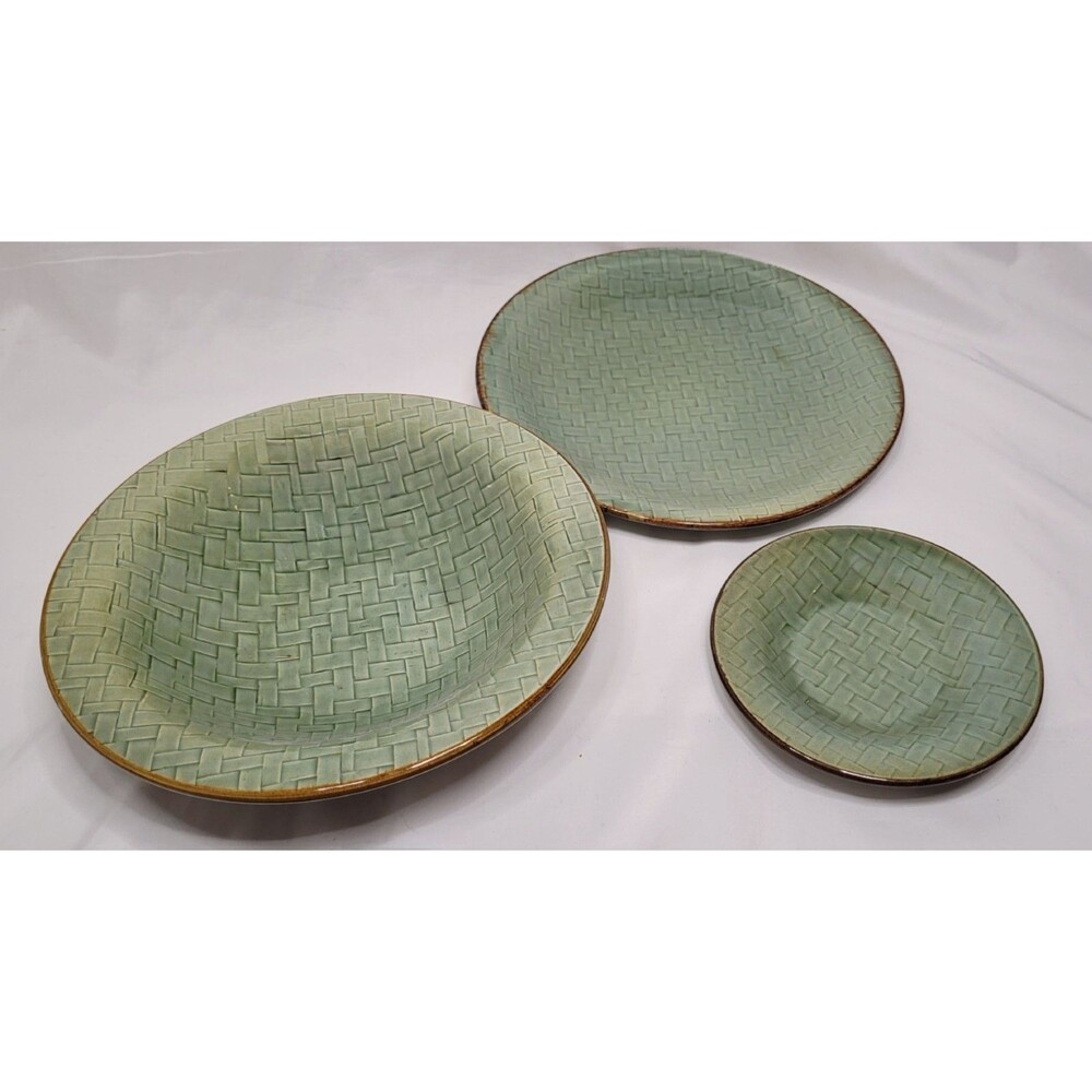 RARE MCM 3 Baldelli Italy Green Basketweave Serving Plates Bowl Mid Century Mod